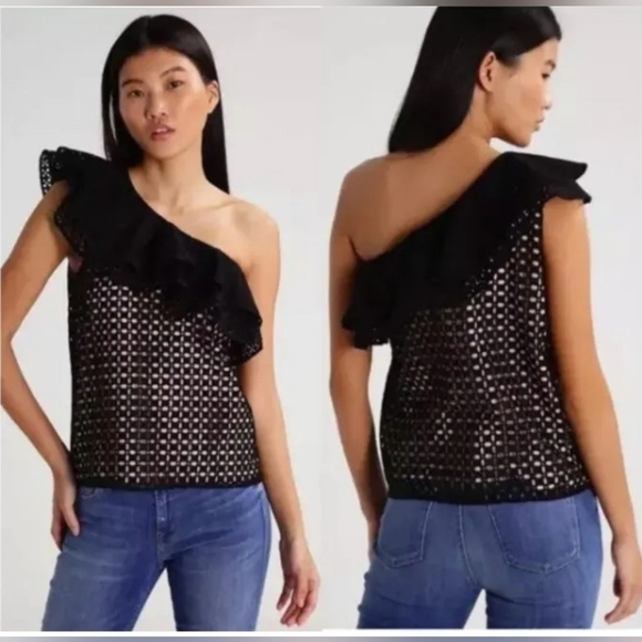 J. Crew One Shoulder Eyelet Top- Black- Size 0 - Picture 1 of 5